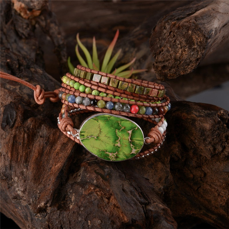 Boho Chic 5 Strand Leather Wrap Beaded Bracelet - Stones & Vine