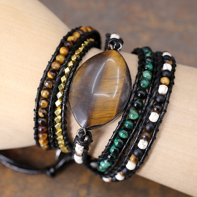 Vintage Natural Tiger Eye Stone Leather Wrap Bracelet - Stones & Vine