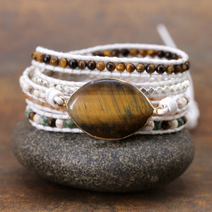 Vintage Natural Tiger Eye Stone Leather Wrap Bracelet - Stones & Vine