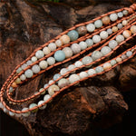 Leather Wrap Amazonite Gold Toned Multi Layered Bracelet - Stones & Vine