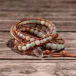 Leather Wrap Amazonite Gold Toned Multi Layered Bracelet - Stones & Vine