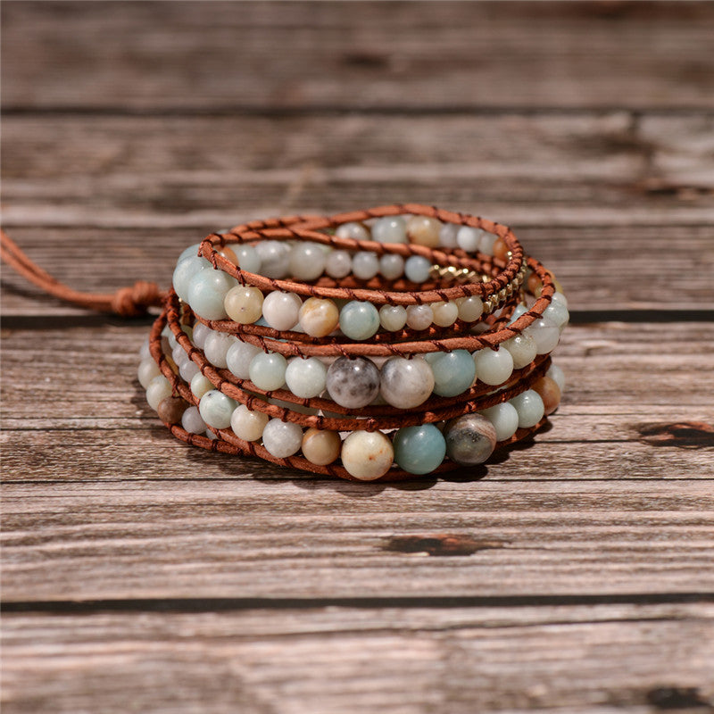 Leather Wrap Amazonite Gold Toned Multi Layered Bracelet - Stones & Vine