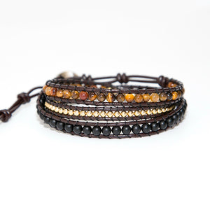 Tiger Eye & Black Leather Wrap Bracelet - Stones & Vine