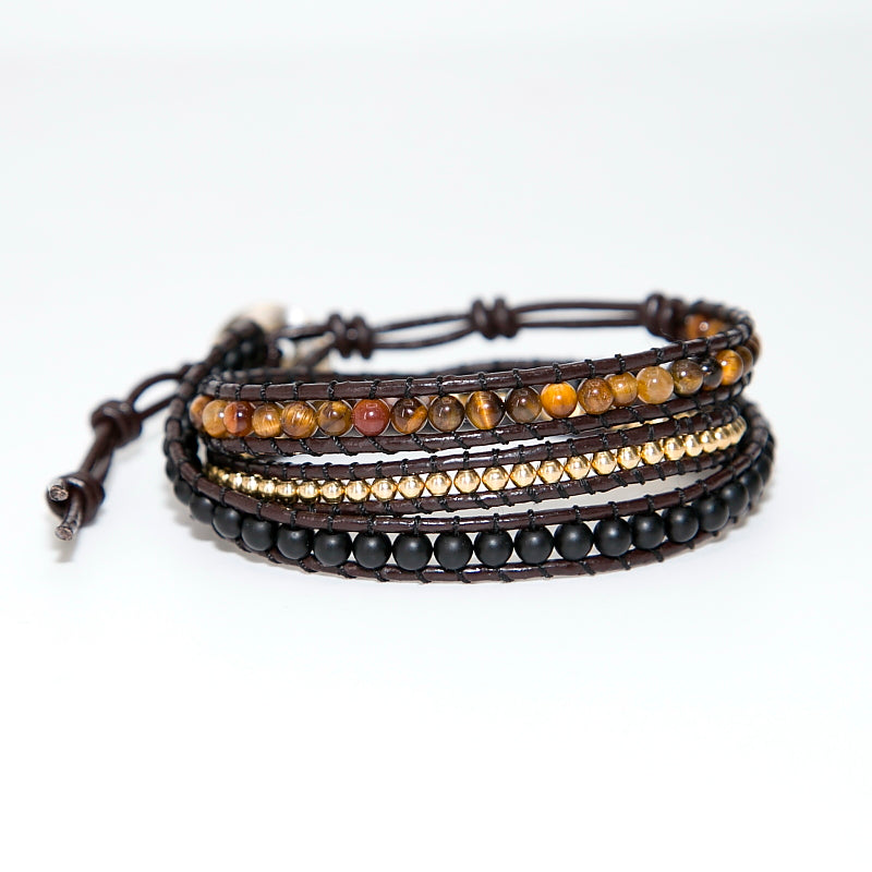 Tiger Eye & Black Leather Wrap Bracelet - Stones & Vine