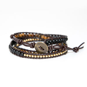 Tiger Eye & Black Leather Wrap Bracelet - Stones & Vine