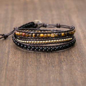 Tiger Eye & Black Leather Wrap Bracelet - Stones & Vine