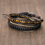 Tiger Eye & Black Leather Wrap Bracelet - Stones & Vine