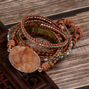 Bohemian Leather Wrap Natural Stone Beaded Bracelet - Stones & Vine