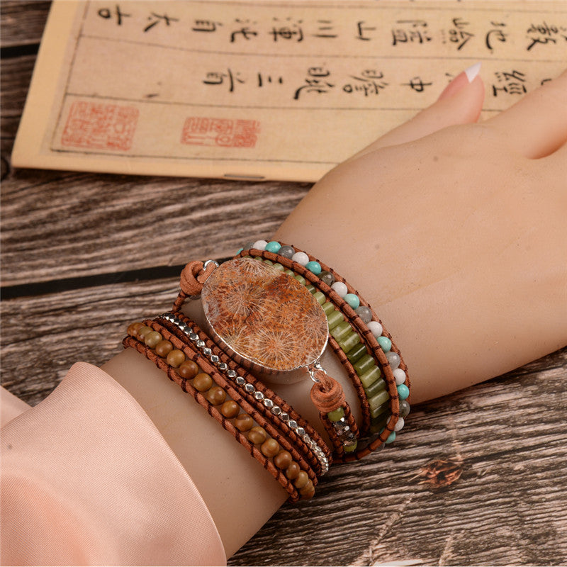 Bohemian Leather Wrap Natural Stone Beaded Bracelet - Stones & Vine