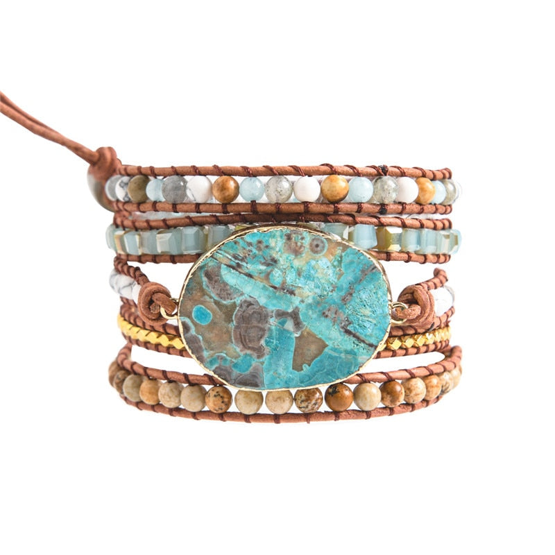 Leather Wrap Ocean Stone Beaded Bracelet - Stones & Vine