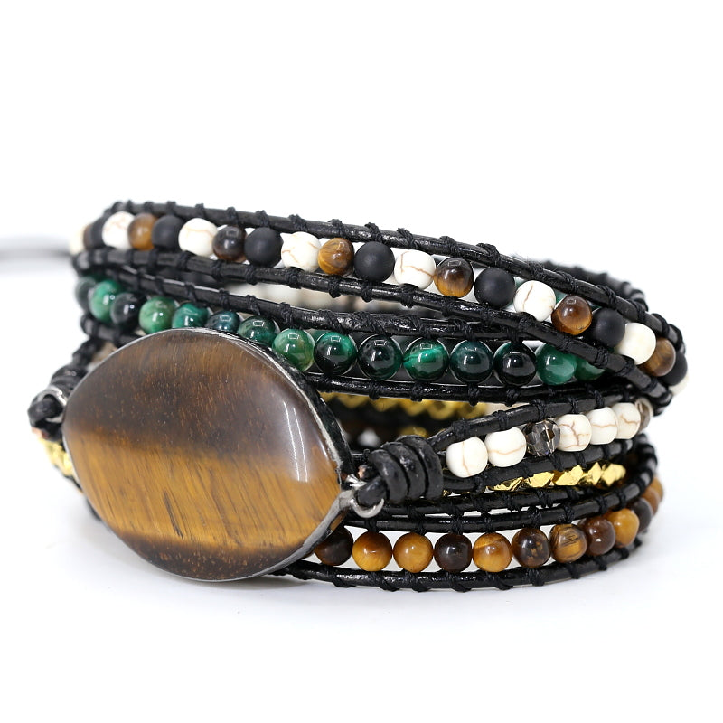 Vintage Natural Tiger Eye Stone Leather Wrap Bracelet - Stones & Vine