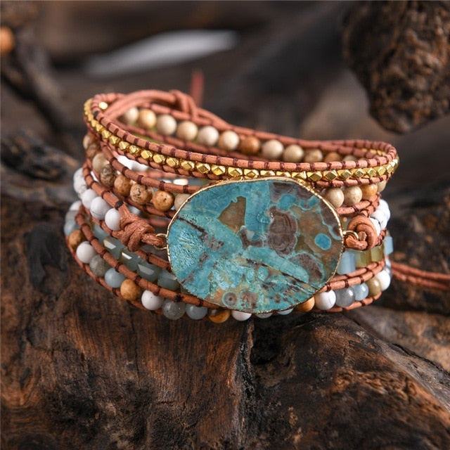 Leather Wrap Ocean Stone Beaded Bracelet - Stones & Vine