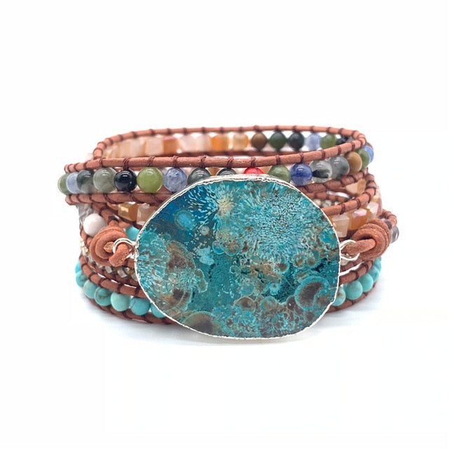 Leather Wrap Ocean Stone Beaded Bracelet - Stones & Vine