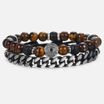 Tiger Eye Stone Bead Bracelet with Cuban Link Chain Bracelet - Stones & Vine