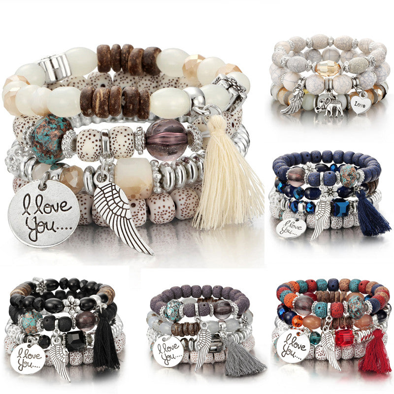 Vintage Crystal Bead Bracelets with Natural Stone Charms - Stones & Vine