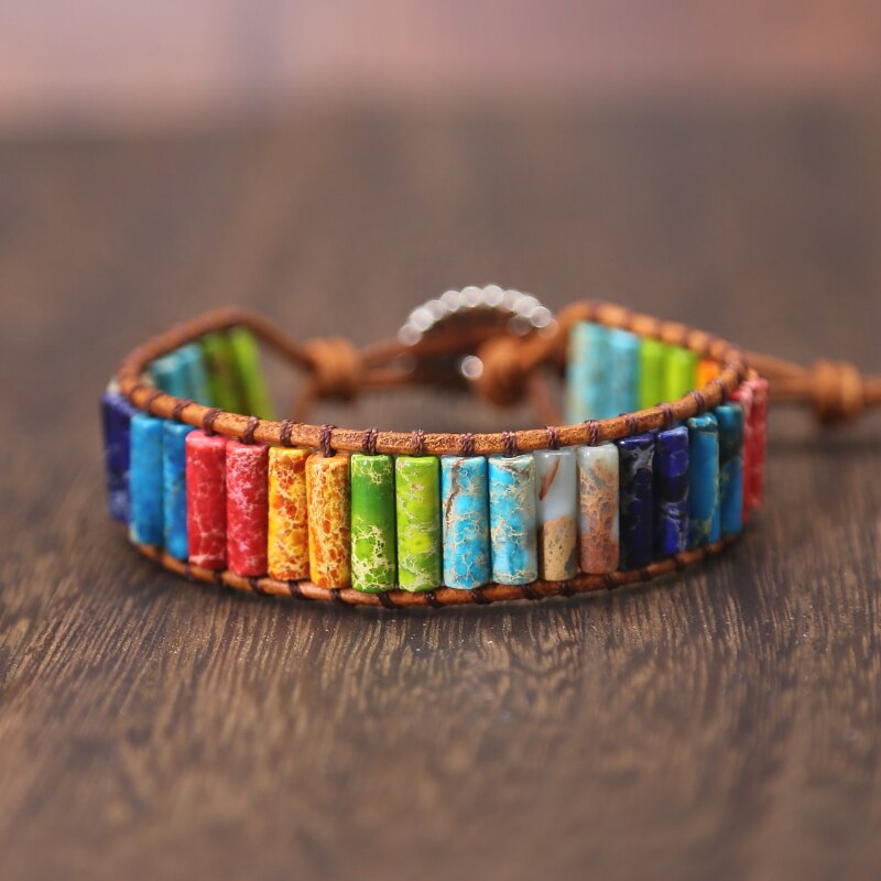 Chakra Natural Stone Tube Beads Leather Wrap Bracelet - Stones & Vine