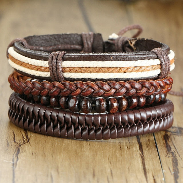 Vnox 4Pcs/ Set Braided Wrap Leather Bracelets for Men