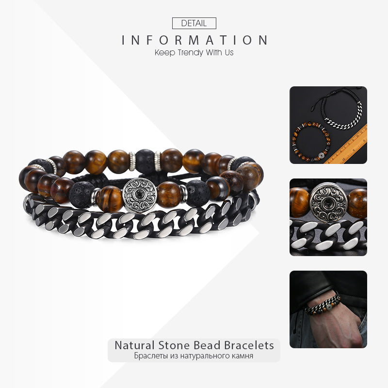 2/pcs Set Tiger Eye Stone Bracelet with Cuban Link Chain Bracelet - Stones & Vine