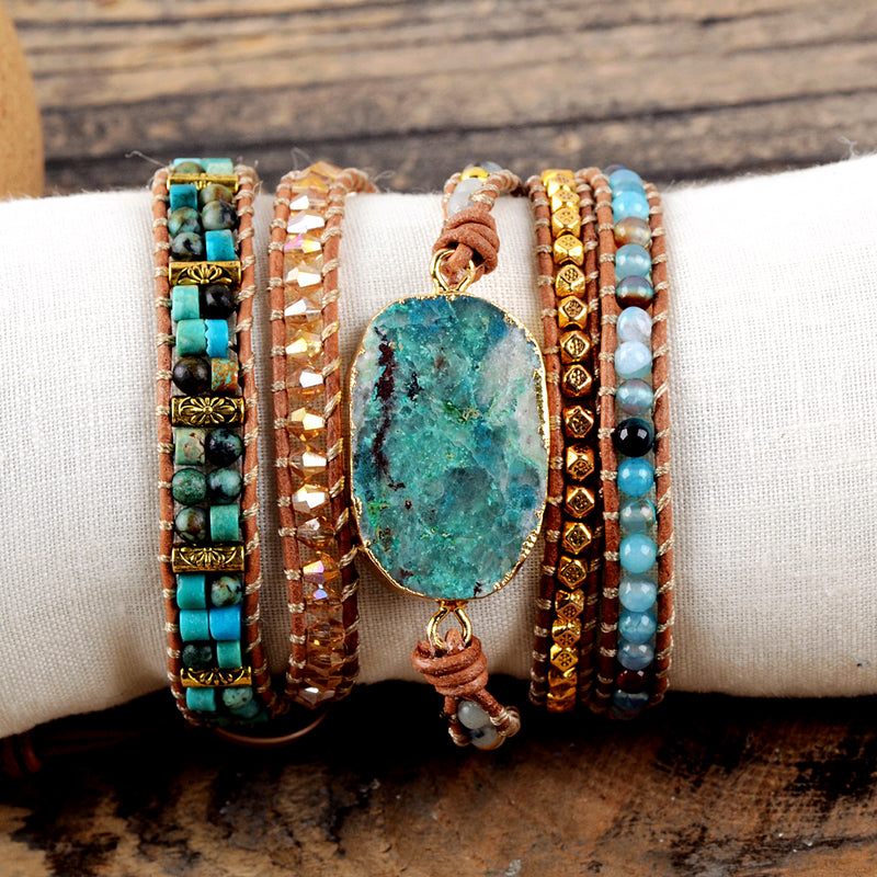 Natural Chrysocolla Stones Genuine Leather Wrap Bracelet - Stones & Vine