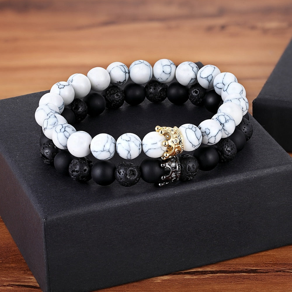 Lava & Matte Onyx Stone with Crown Charm Bracelets - Stones & Vine