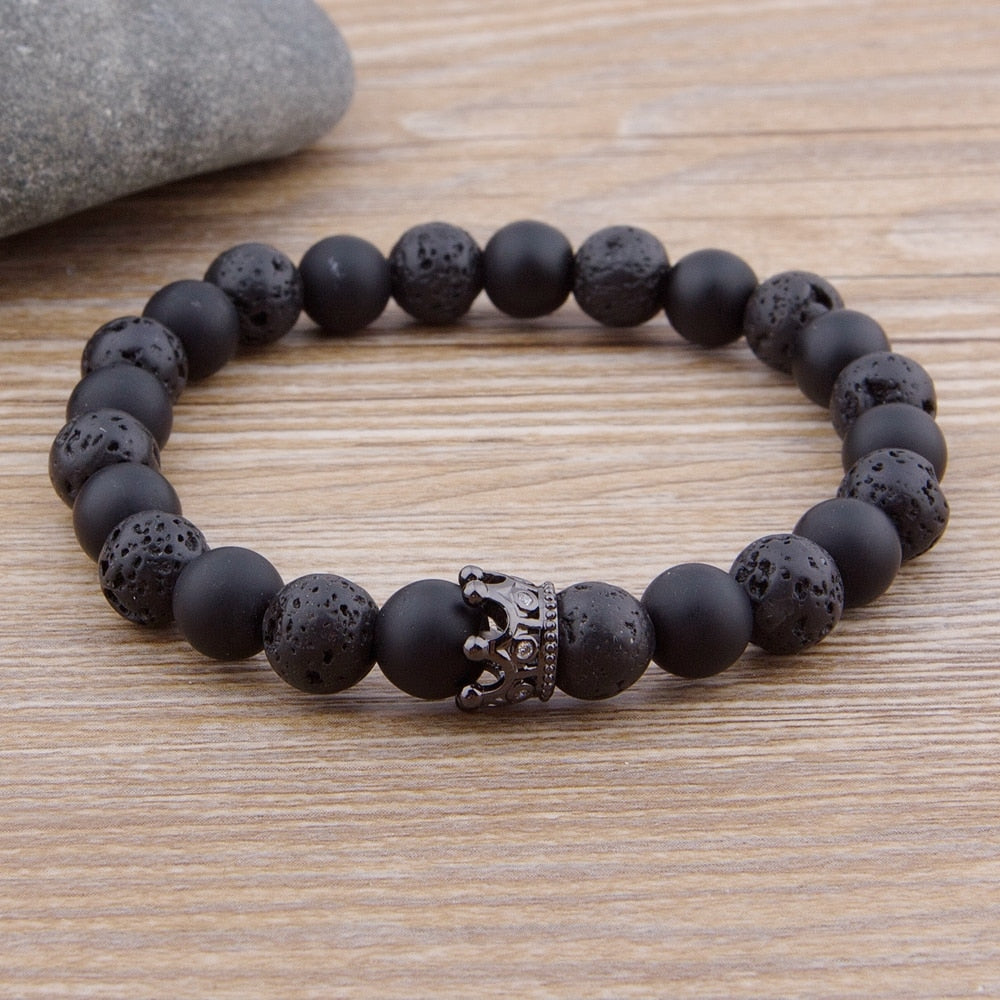 Lava & Matte Onyx Stone with Crown Charm Bracelets - Stones & Vine