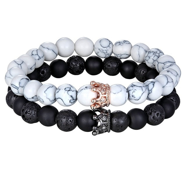 Lava & Matte Onyx Stone with Crown Charm Bracelets - Stones & Vine