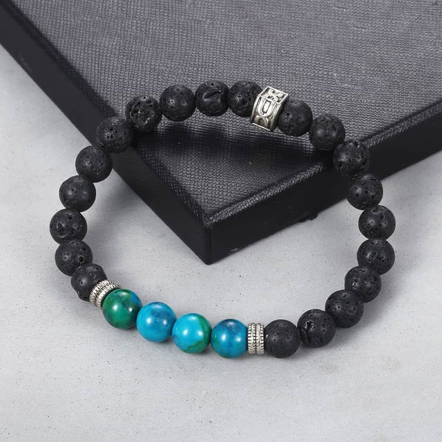 Lava Stone Bracelet with Aqua Marine Blue Stones - Stones & Vine