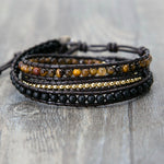 Tiger Eye & Black Leather Wrap Bracelet - Stones & Vine