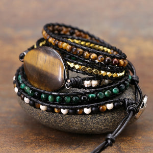 Vintage Natural Tiger Eye Stone Leather Wrap Bracelet - Stones & Vine