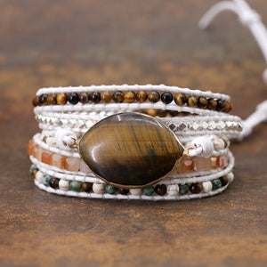 Vintage Natural Tiger Eye Stone Leather Wrap Bracelet - Stones & Vine