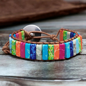 Chakra Multi Color Natural Stone Tube Beads Leather Wrap Bracelet