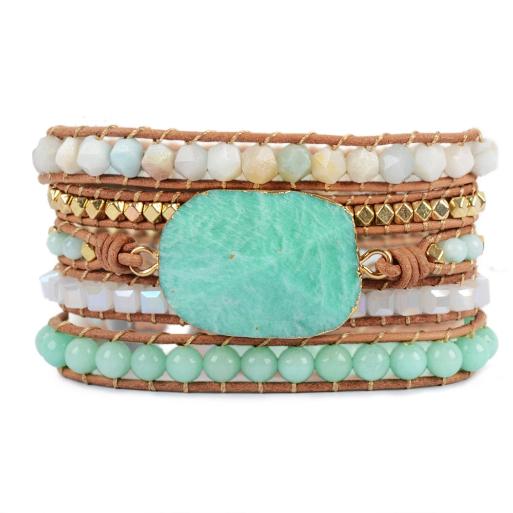 Natural Amazonite Faceted Charm Leather Wrap Bracelet - Stones & Vine