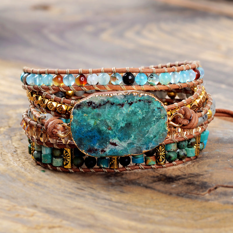 Natural Chrysocolla Stones Genuine Leather Wrap Bracelet - Stones & Vine