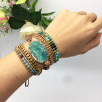 Natural Chrysocolla Stones Genuine Leather Wrap Bracelet - Stones & Vine