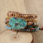 Natural Chrysocolla Stones Genuine Leather Wrap Bracelet - Stones & Vine