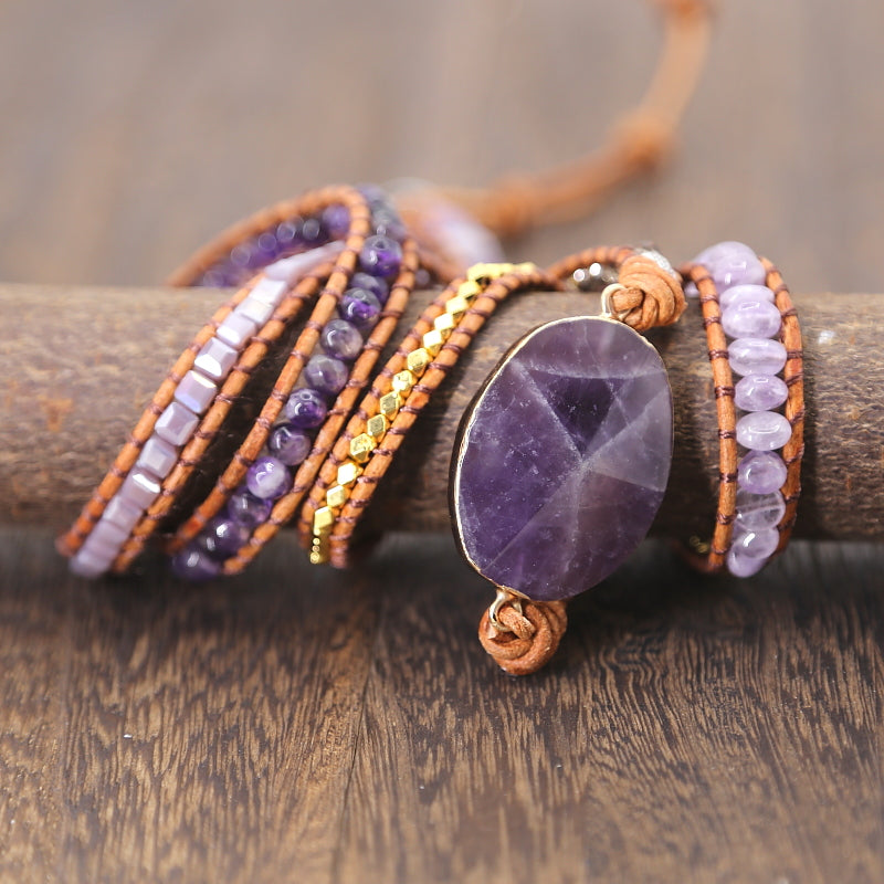 Natural Crystal Quartz Charm Leather Wrap Bracelets - Stones & Vine