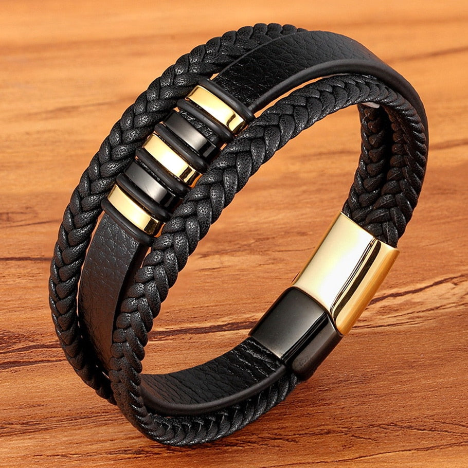 Three Layer Black & Gold Genuine Leather Bracelets for Men - Stones & Vine