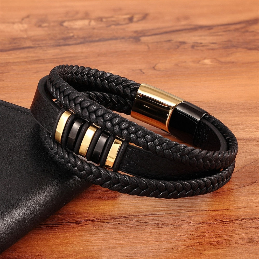 Three Layer Black & Gold Genuine Leather Bracelets for Men - Stones & Vine