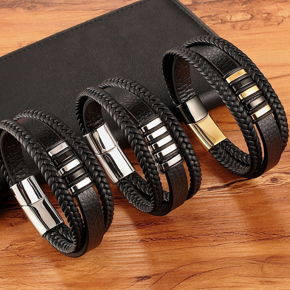 Three Layer Black & Gold Genuine Leather Bracelets for Men - Stones & Vine