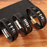 Three Layer Black & Gold Genuine Leather Bracelets for Men - Stones & Vine