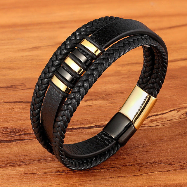 Three Layer Black & Gold Genuine Leather Bracelets for Men - Stones & Vine