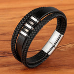 Three Layer Black & Gold Genuine Leather Bracelets for Men - Stones & Vine