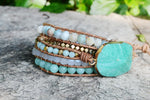 Natural Amazonite Faceted Charm Leather Wrap Bracelet - Stones & Vine