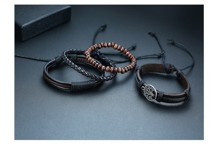 Vnox 4Pcs/ Set Braided Wrap Leather Bracelets for Men