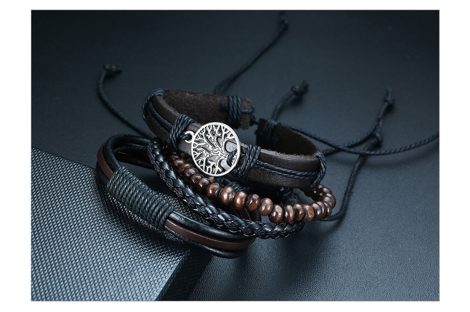 Vnox 4Pcs/ Set Braided Wrap Leather Bracelets for Men