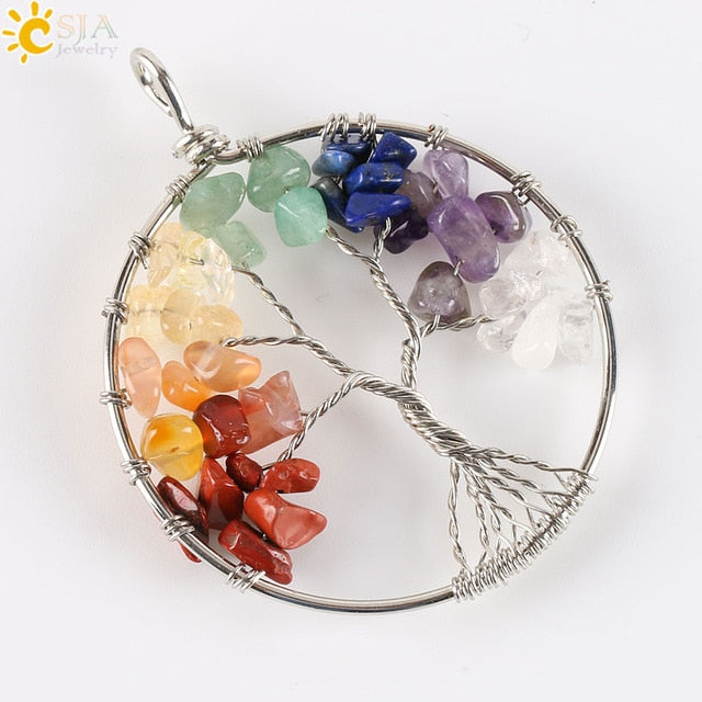 Life Tree 7 Chakra Natural Crystal Stone Necklace & Pendant - Stones & Vine