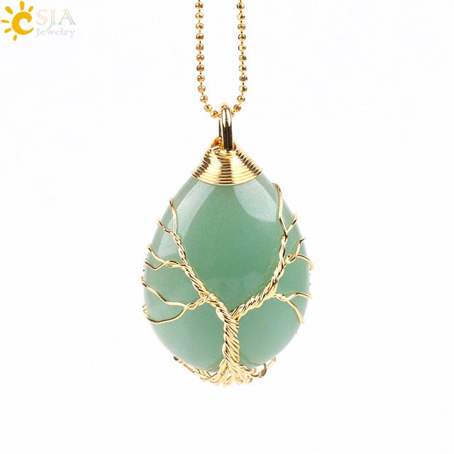 Gold Color Tree of Life Wire Wrap Necklace & Pendant - Stones & Vine