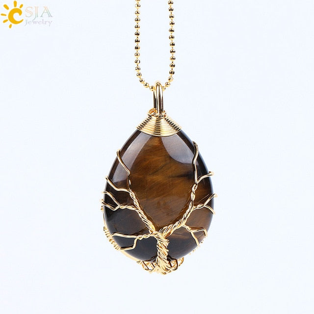 Gold Color Tree of Life Wire Wrap Necklace & Pendant - Stones & Vine