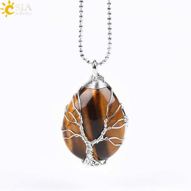 Gold Color Tree of Life Wire Wrap Necklace & Pendant - Stones & Vine