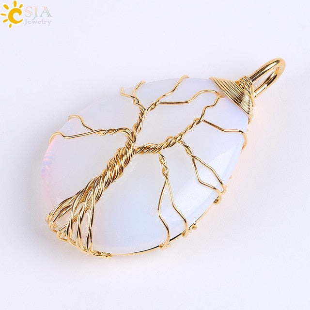 Gold Color Tree of Life Wire Wrap Necklace & Pendant - Stones & Vine